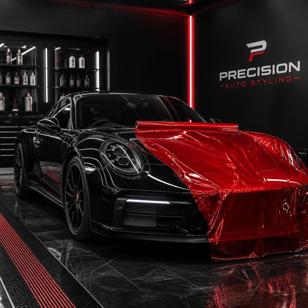 Luxury sports car being wrapped in red protective film at ProWrapCy studio