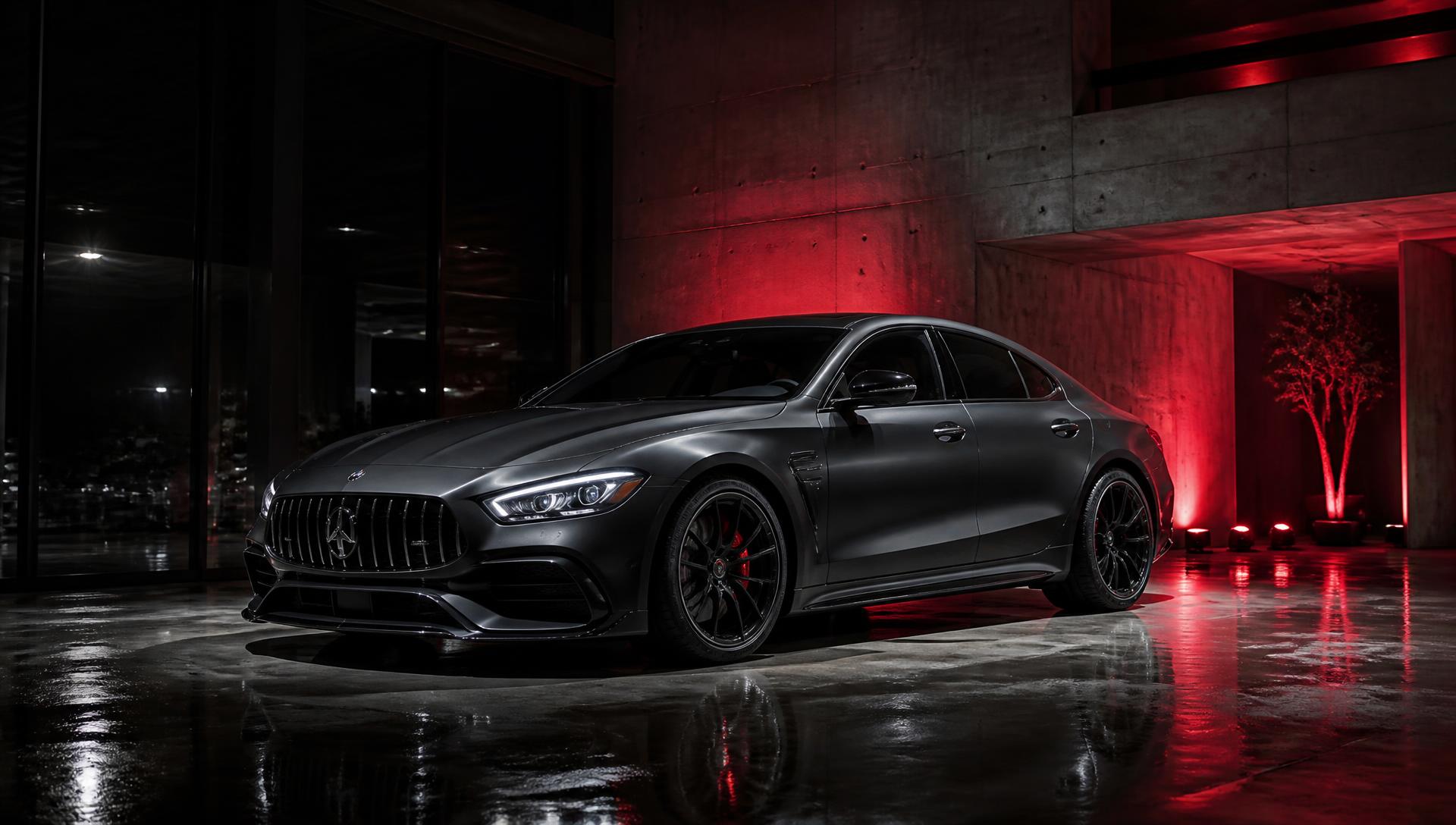 Dark performance sedan lit by red light in a ProCar showroom