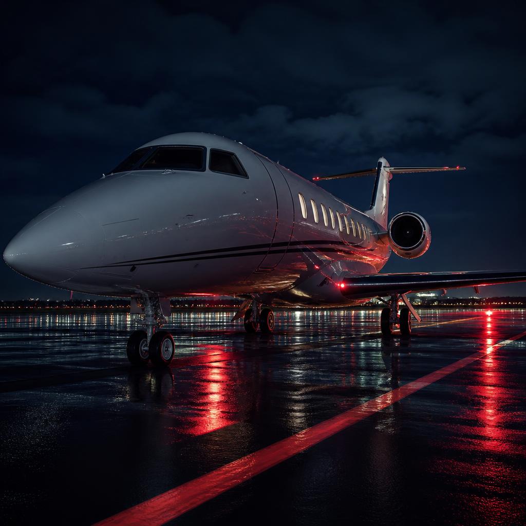 Private jet on a night runway ready for ProCar private jet charter