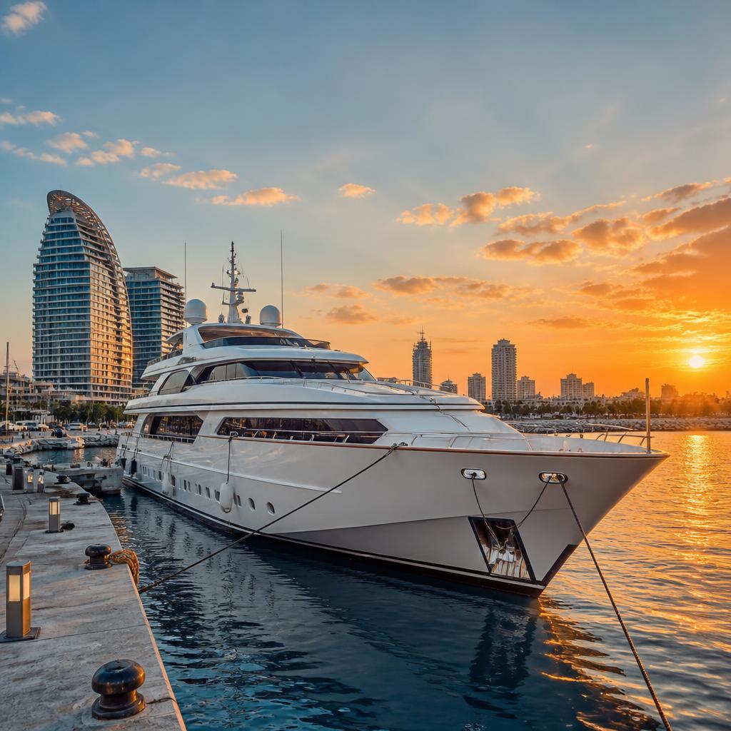Luxury superyacht docked in Limassol marina at sunset for ProCar yacht charters